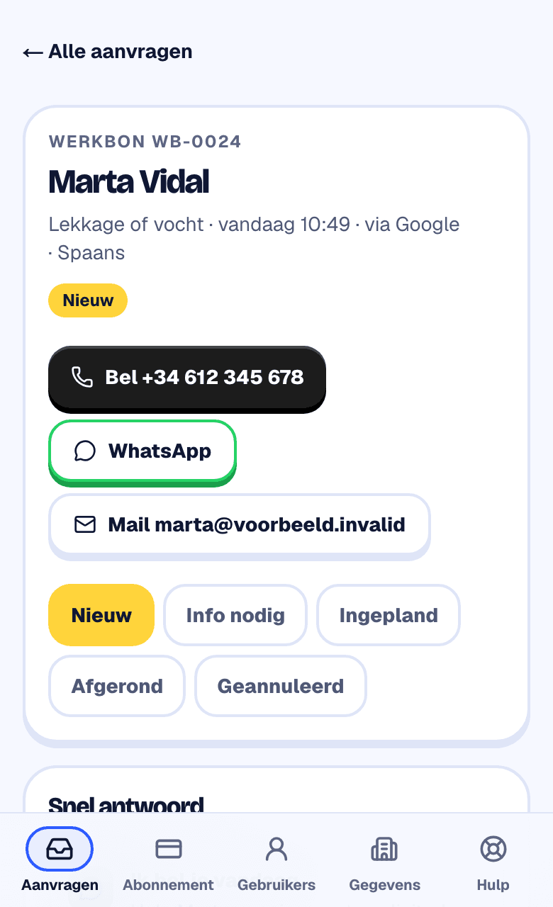 Werkbon in de echte Webstability-app: voorbeeld met klantgegevens en contactacties
