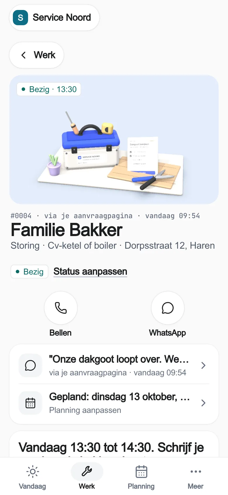Real app: a job with the customer, the status and the next step.