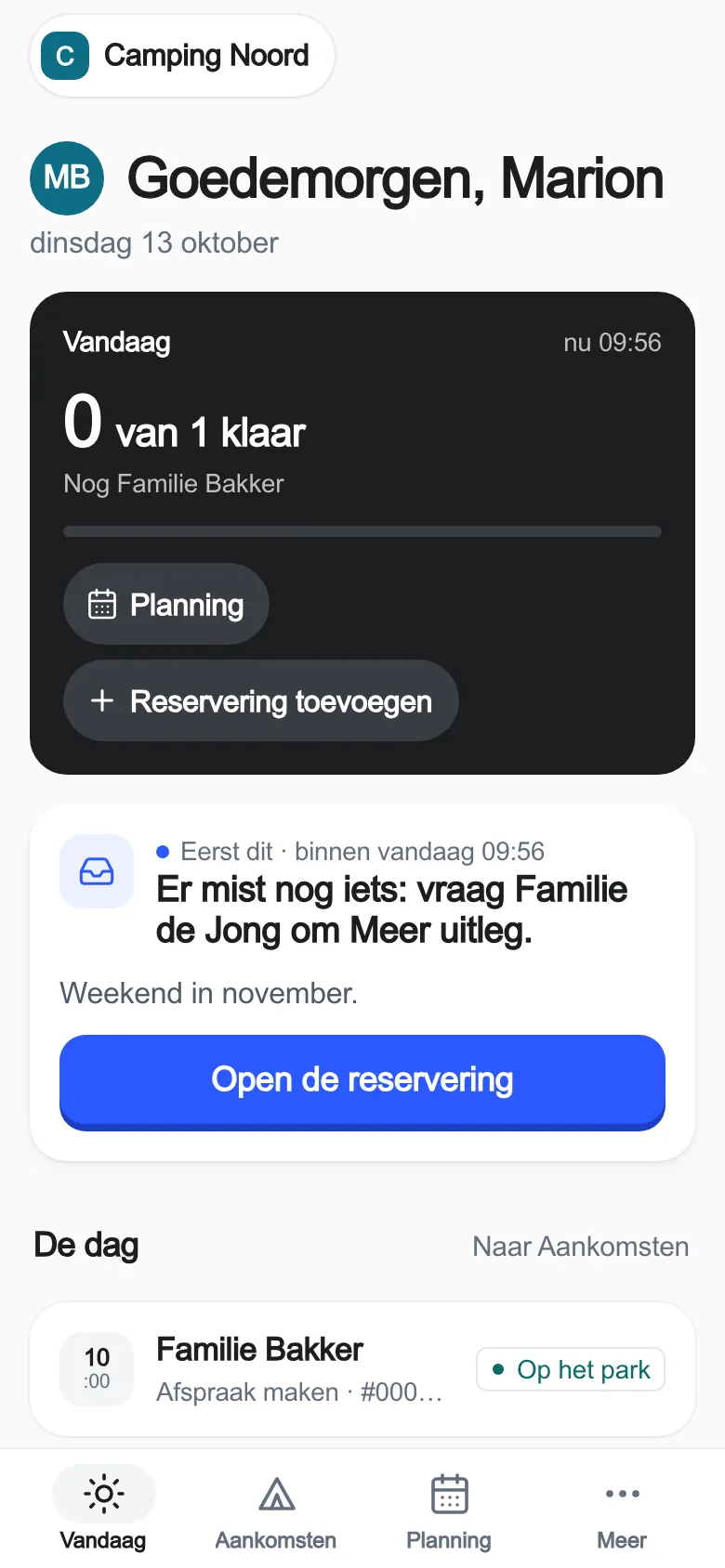 The real app with practice data: Today · Camping