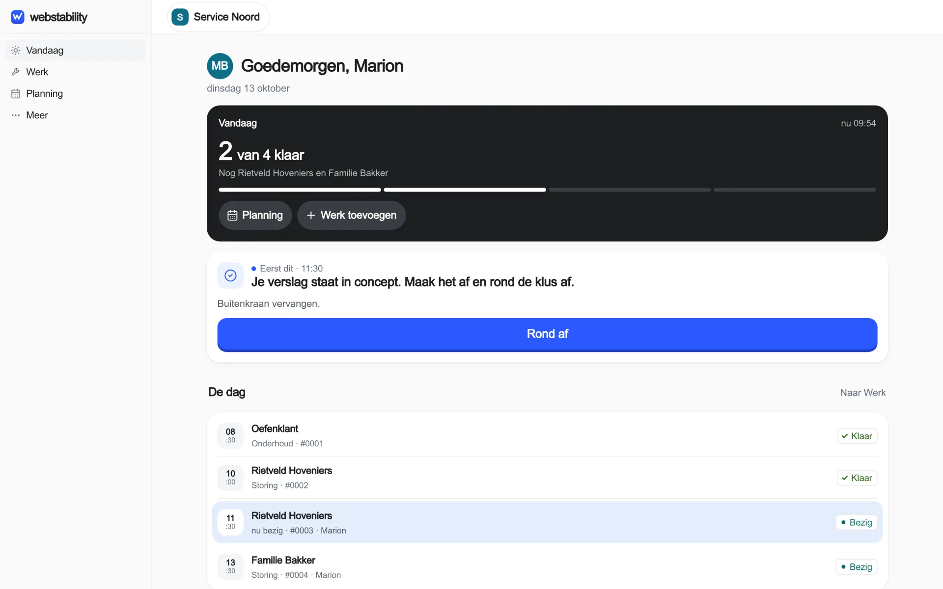 How Today looks in the app. Practice data, Dutch screens.