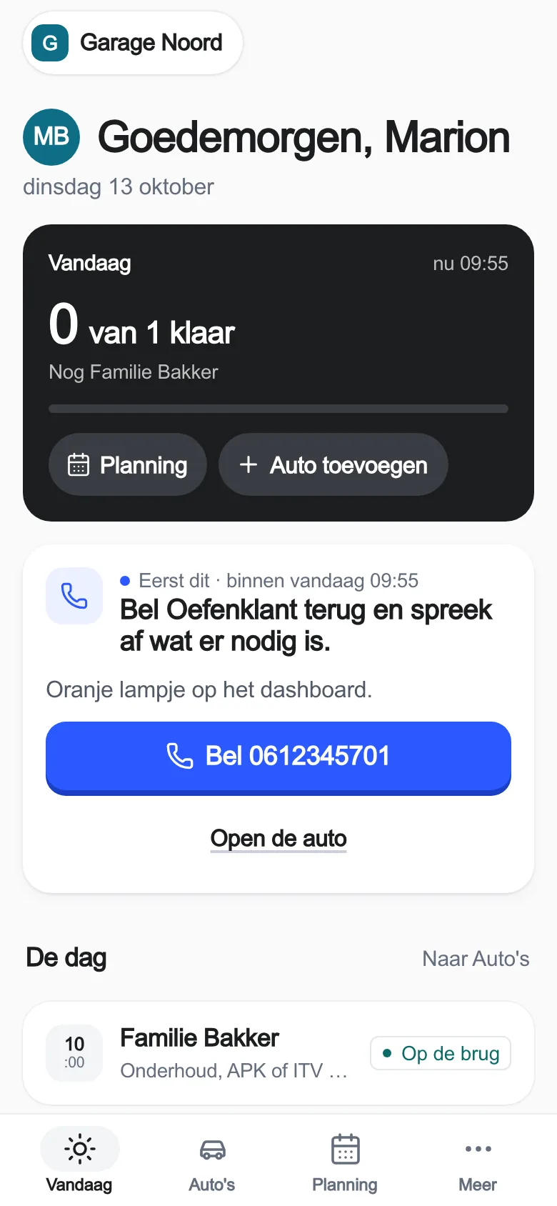 The real app with practice data: Today · Service and maintenance