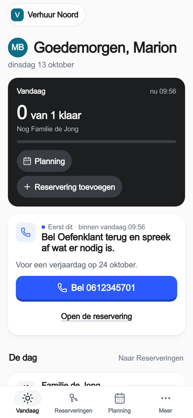 Die echte App mit Übungsdaten: Heute · Vermietung