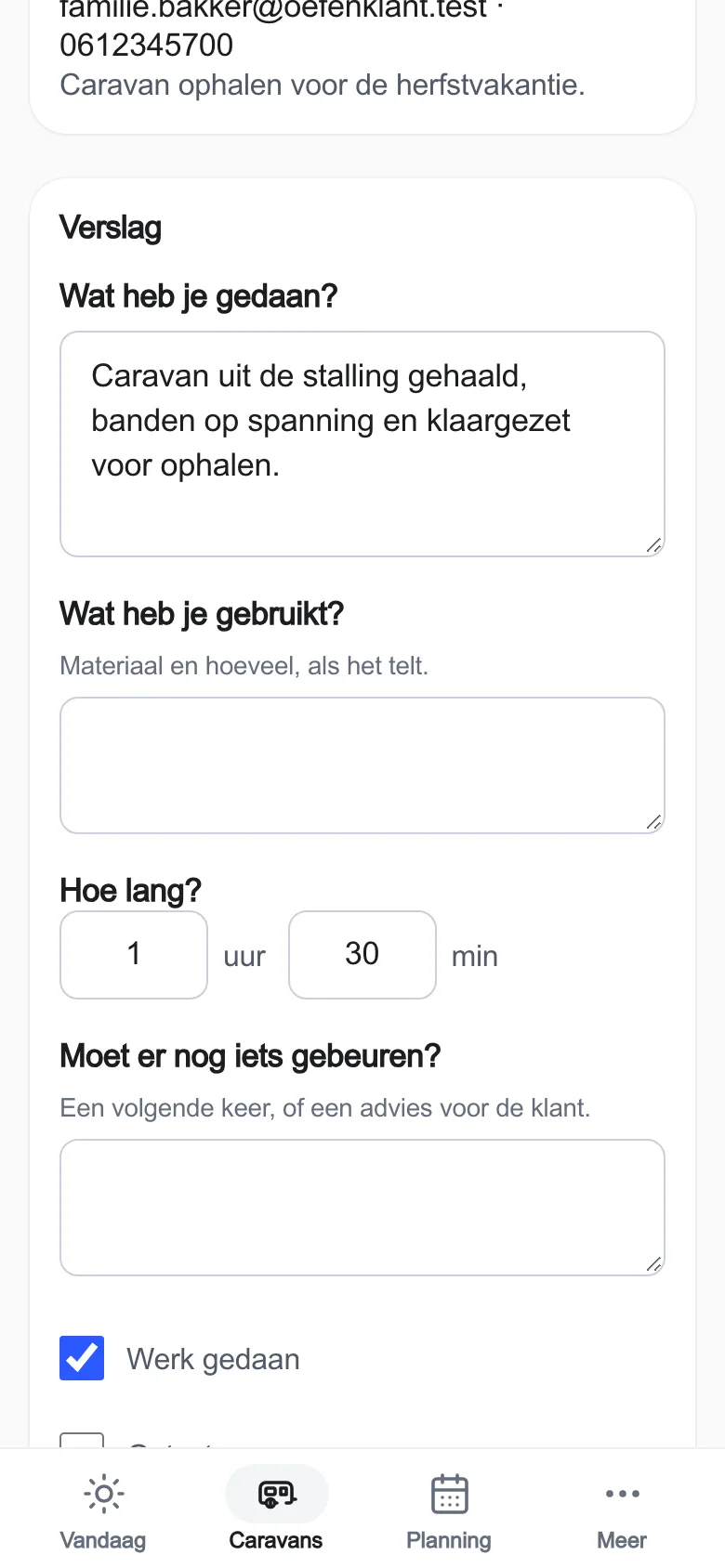 Real app with practice data: a job report with a photo.