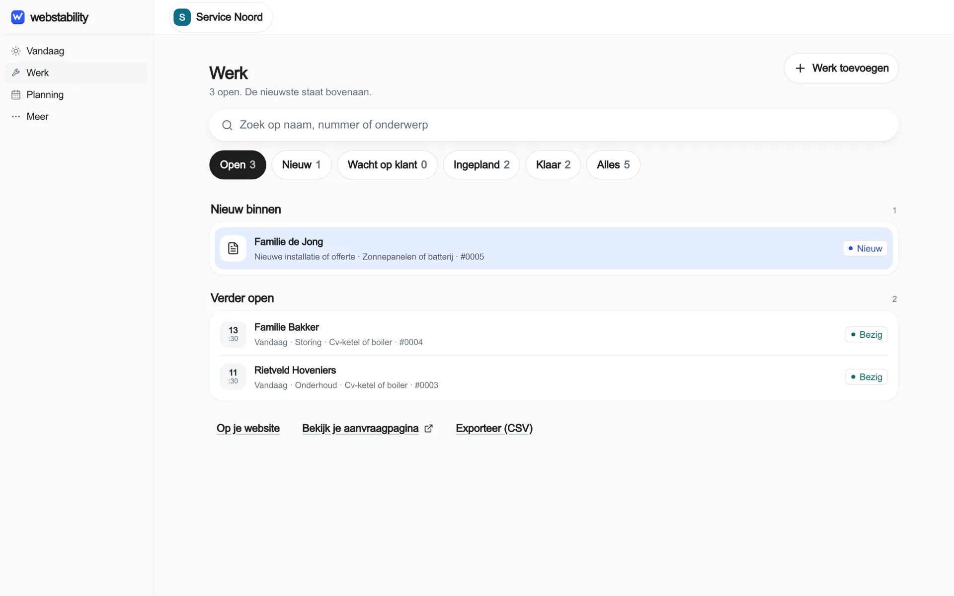 How an enquiry looks in the app once the form is connected. Practice data, Dutch screens.