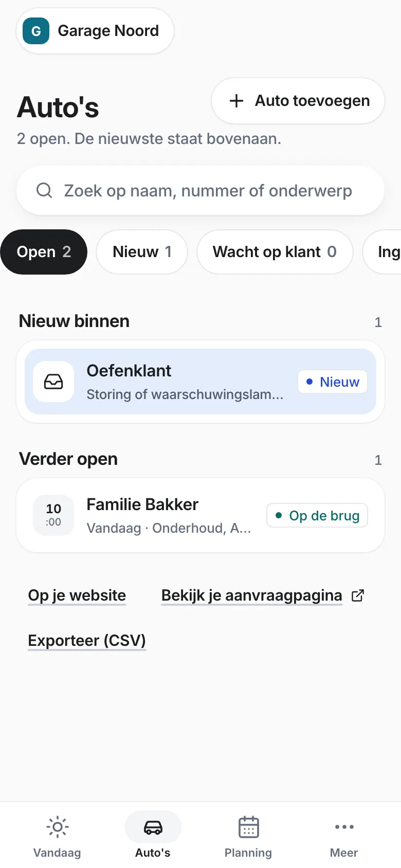 The real app with practice data: Work · Service and maintenance