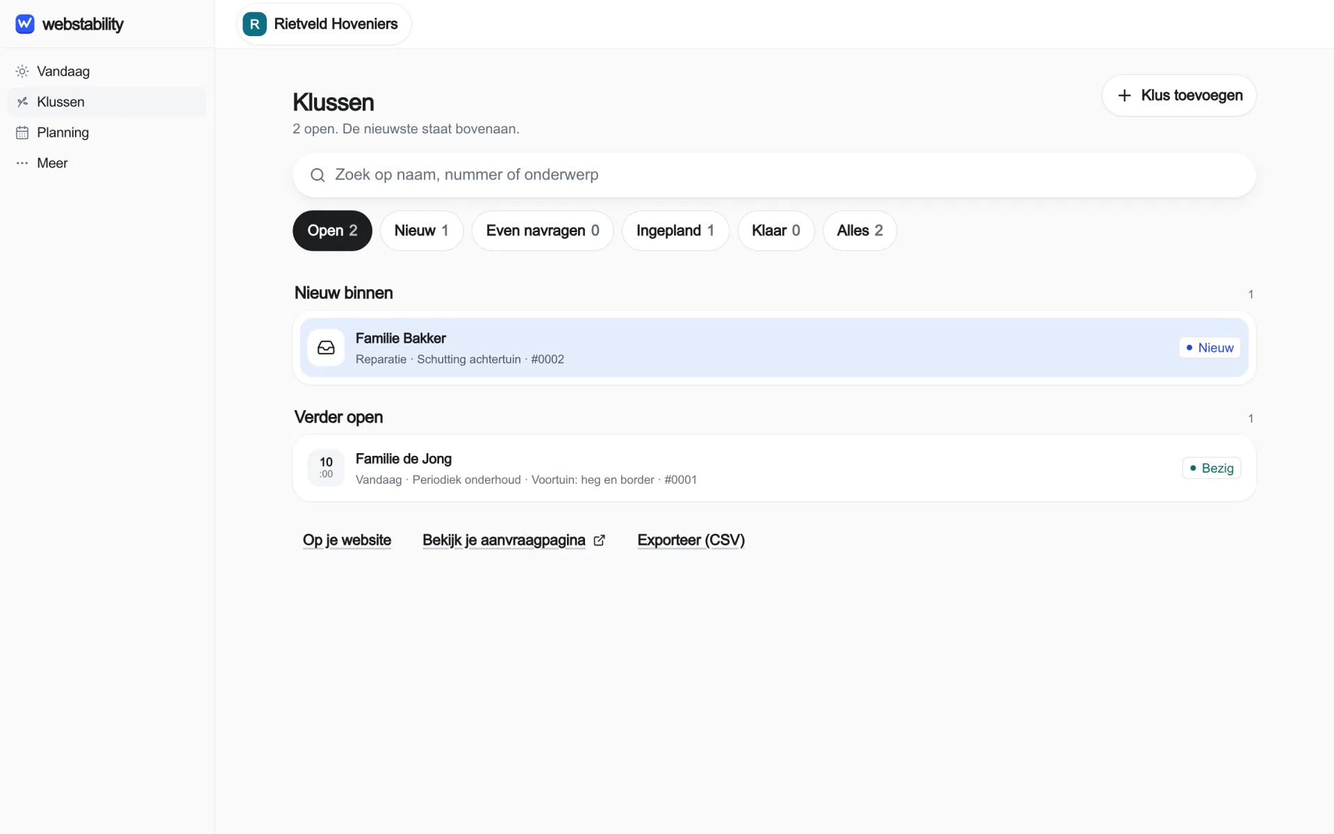 Jobs in the app, with practice data. The screens are in Dutch.