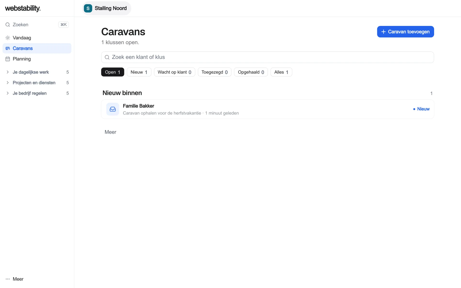 The same trade in the app: Caravans, with practice data. Dutch screens.