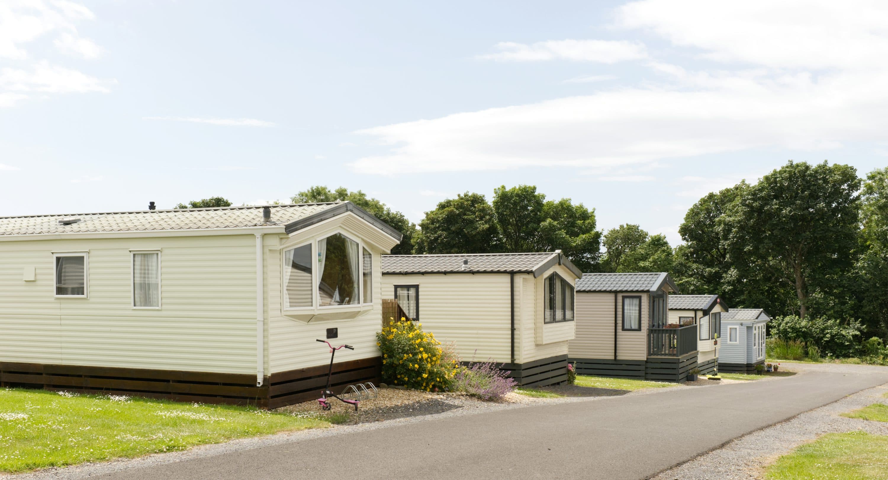 Chalets langs een pad op een recreatieterrein