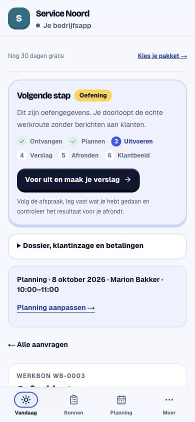Echte app: een werkbon met de opgeslagen afspraak op 8 oktober 2026, 10:00 tot 11:00, met Marion Bakker.