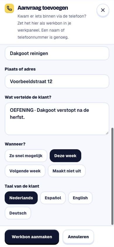Echte App auf Niederländisch: Anfrage zur Dachrinnenreinigung mit Adresse, Kundenangaben und gewünschtem Zeitraum anlegen.