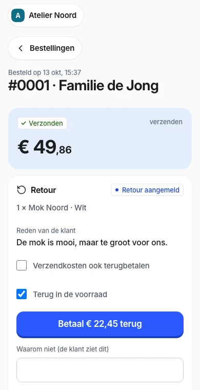 Webstability app: a return with the customer's reason and a refund. Practice data.