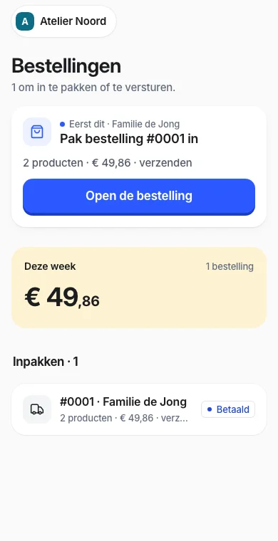 Webstability-app: betaalde bestellingen, met wat er nog ingepakt moet worden. Oefengegevens.