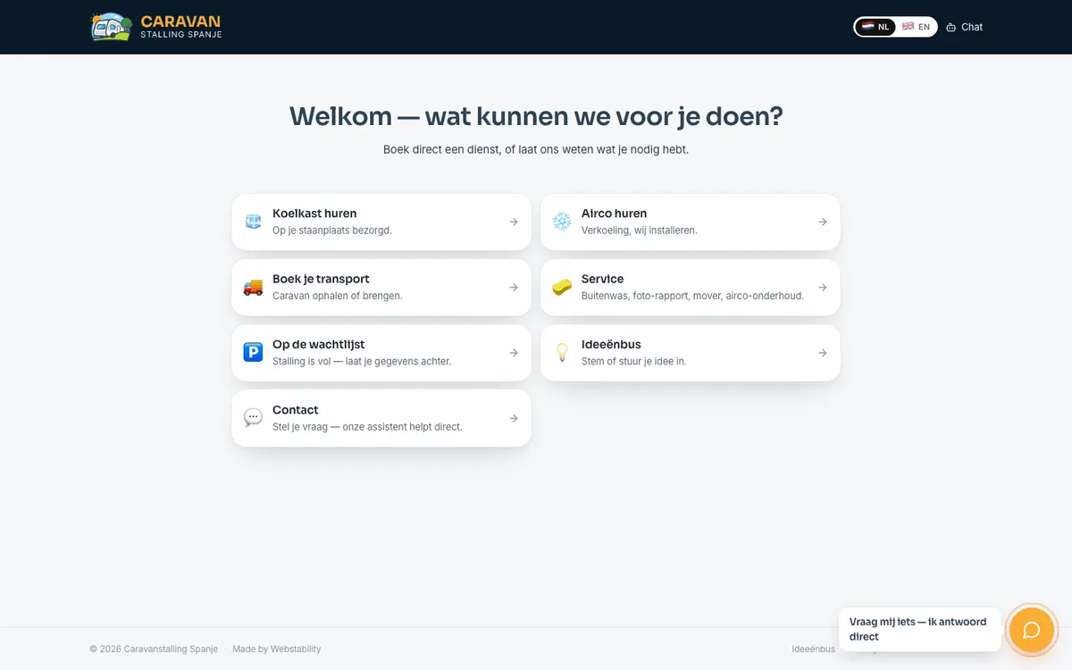 De site van Caravanstalling Spanje, waar klanten bestellen en online betalen. Gebouwd door Laurens.