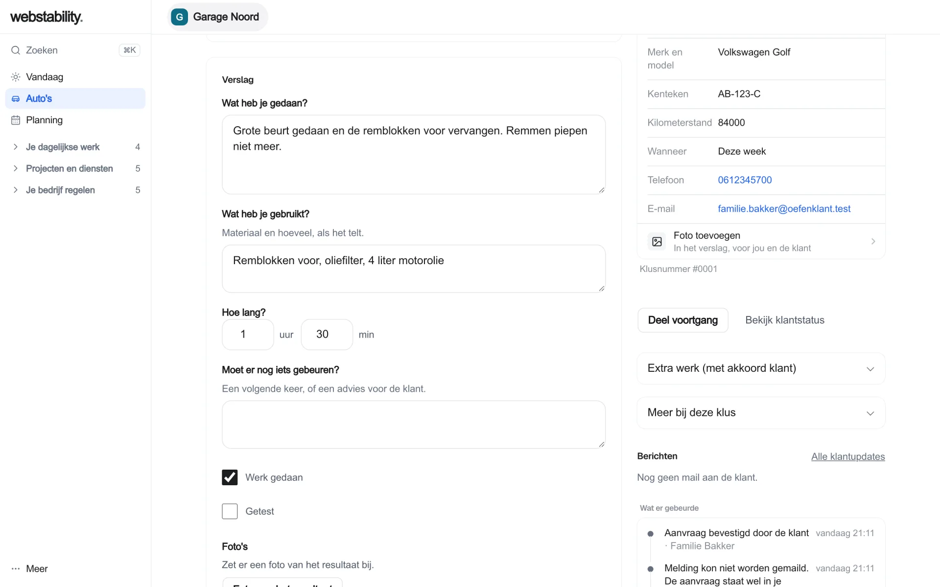 Real app, shown in Dutch: draft work report with tasks, materials and time